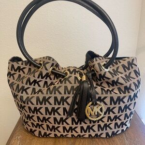 MICHAEL Michael Kors Black and Tan Monogram Shoulder Bag